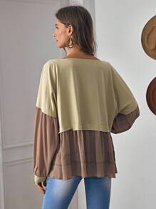 LanaWest Women's Western Casual Khaki Oversized Crew Neck Long Sleeve Gathered Fabric Contrast Patchwork Design Loose Sweatshirt Fall Cloth For Women