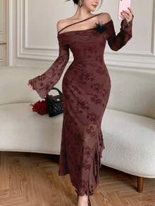 Modelyn Flockiertes Herbst-/Winterkleid im eleganten Retro-Muster für Lehrerinnen - Bordeaux - Übersicht 3