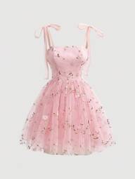 SHEIN MOD Pink Floral Print Retro Style Dress With Bowknot Belt