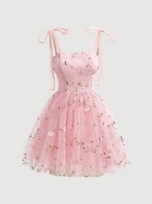 SHEIN MOD Pink Floral Print Retro Style Dress With Bowknot Belt,Valentine Outfits - Pink - View 1