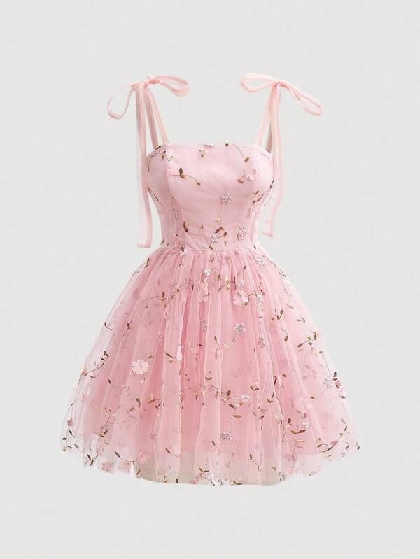 SHEIN MOD Pink Floral Print Retro Style Dress With Bowknot Belt