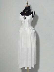 SHEIN ICON Bowknot Strap Waist & Bust Lace Patchwork Flared Dress - White - View 3