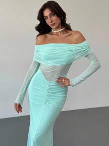 Aloruh 女士时尚优雅露肩荷叶边连衣裙 - 藍色 - 查看 7