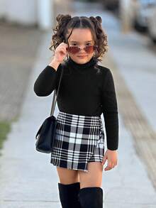SHEIN 2 件套女童高领 T 恤和格子短裙，适合日常通勤，女童秋装 - 黑與白 - 查看 3