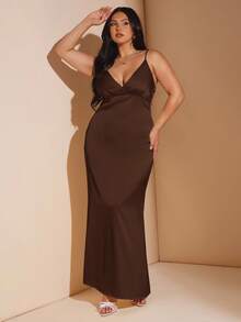 SHEIN BAE Plus Size Women's Sleeveless V-Neck Backless Maxi Satin Dress, Yellow, Suitable For Vacation, Music Festivals, Birthday, Brunch, Wedding Guest, Elegant Dress Party Dresses For Women,Fall Women Clothes,School Clothes,Y2k Clothes,Country Outfits Women,Vintage Clothes Women,Festival Outfits Women,Wedding Guest Dress Curve/,Valentine's Day,Valentine Outfits For Women