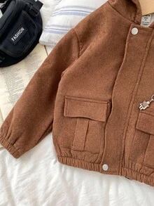 SHEIN 1件男童燈芯絨夾克，柔軟加厚保暖內裡外套，適合返校季、秋季與職業日，休閒學院風時尚校園外穿外套 - 棕色 - 查看 3