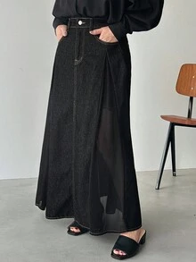 FRIFUL 女士纯色休闲牛仔迷你裙 长款黑色裙子 开衩长裙 开衩黑色牛仔长裙 薄纱长裙 - 黑色 - 查看 1