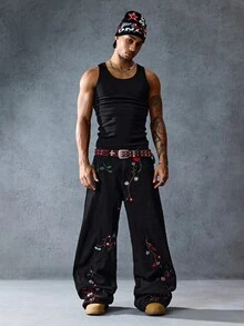 ROMWE MEN Street Life Quần jean ống đứng thêu hoa phong cách retro thường ngày cho nam, phong cách Grunge - màu đen - Xem 6