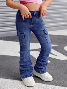 SHEIN SLAYR Young Girl Young Girl Blue Denim Elastic Ruched Jeans Fall Winter - Dark Wash - View 4