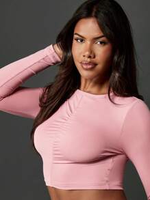MISSGUIDED Áo crop top dài tay thể thao Áo thun thể thao liền mạch nhún bèo ở giữa phía trước tập luyện chạy bộ tập luyện Áo thun thể thao Yoga Đồ thể thao Quần áo tập thể dục - Bụi hồng - Xem 6