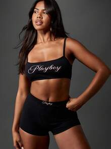 Missguided x Playboy Quần lót nam cotton cạp cao thoải mái, che phủ toàn bộ, có logo, quần lót nữ cổ điển, tất trắng (SKU) - màu đen - Xem 5