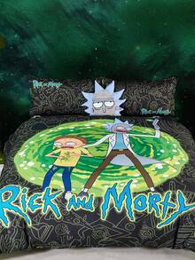 Rick and Morty X SHEIN 卡通和字母印花床上用品套件(包括被套和枕套) - 彩色 - 查看 2