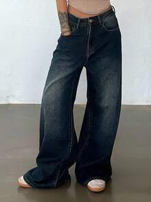 DAZY 女式宽松直筒休闲牛仔裤 - 中等水洗藍 - 查看 4