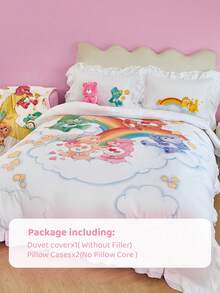 SHEIN X Care Bears 3pc Rainbow & Cartoon Bear Print Ruffle Trim Bedding Set,Gifts Suitable For Single Bed/Double Bed/Queen Bed/King Bed, Dormitory/Home - White - View 4