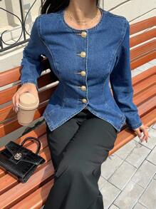 Siren Gaze Women's Blue Denim Jacket With Round Neck, Long Sleeves And Waist, Decorated With Metal Buttons, Suitable For Korean-Style Workplace Wear In Autumn Winter Casual Spring - Dark Wash - View 4
