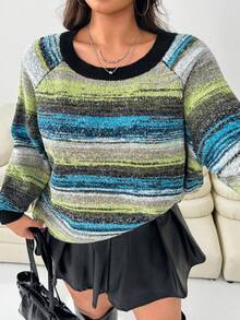 Solflare Plus Size Women Casual/Work Raglan Sleeve Colorblock Striped Pattern Pullover Sweater, Autumn/Winter Fall - Multicolor - View 3