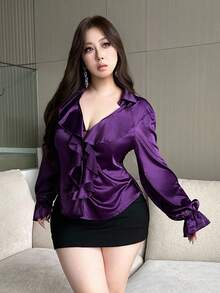 Vibekara 大码 V 领荷叶边修身优雅休闲衬衫，淑女紫色 - 紫色 - 查看 8