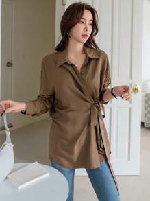 DAZY Tie Side Drop Shoulder Shirt,Long Sleeve Tops,Fall Clothes Modest Fashion - Coffee Brown - View 4