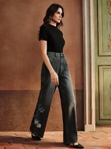 Anewsta Pantalon droit de luxe brodé pour femmes, convient pour la Saint-Valentin, la Fête des Mères, couleur noire - Noir - Voir 7
