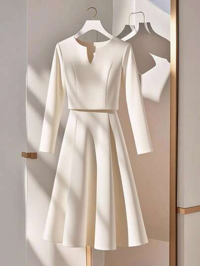 Franclia Notched Neck Cropped Long Sleeve Knit Top & A-Line Midi Skirt Set, Apricot Color, Elegant For School, Teacher, Casual, Commute, Autumn Women Outfit Fall Cloth For Women