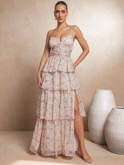 L'Amorae Women's Elegant Floral Print Ruffle Hem Slit Dress, Summer