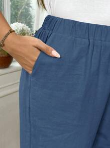 EMERY ROSE 大码女式纯棉弹力腰带口袋休闲翻领裤 - 水鴨藍 - 查看 7