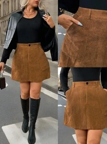 Calvaya Plus Size A-Line Skirt With Zip Pockets, Corduroy - Brown - View 3