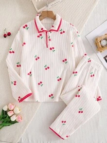 2 件套 Tween 女童毛绒樱桃图案撞色镶边长袖上衣和裤子睡衣套装 - 紅白色 - 查看 3