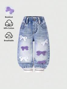 女童休闲牛仔裤，甜美蝴蝶贴花和刺绣设计，中腰修身蓝色牛仔裤 - 藍色 - 查看 7