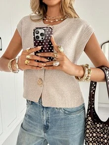 Siren Gaze Áo khoác cardigan dệt kim khóa kim loại thường ngày dành cho nữ - Màu be - Xem 3