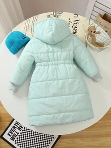 Young Girls Padded Coat, Casual Versatile All-Match Style, Blue-Gray Mid-Length Waist Cinched, Winter Girls Winter Coat With Hood