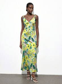 Maija 女式绿色花卉印花 U 领无袖系腰优雅时尚休闲度假聚会长裙，采用缎面面料 - 黑色 - 查看 3