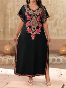 EMERY ROSE Plus Size Women Floral Print V-Neck Short Sleeve Loose Casual Dress