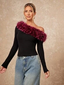 Lumalex Women's Black Elegant Sexy Night Out Autumn Winter Faux Fur Shoulder Cut-Out Tight Fit Long Sleeve T-Shirt Bolero Shrug Feather Top Party Glamorous - Red and Black - View 6