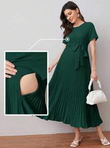 MaterniWear Váy bầu cổ tròn xếp ly màu trơn đơn giản cho bà bầu - Màu xanh lá cây đậm - Xem 5