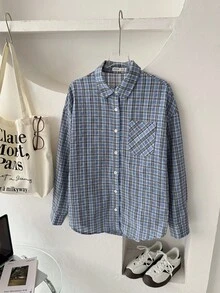 青少年女孩休闲宽松复古学院风长袖衬衫（蓝白配色），返校季 - 藍色 - 查看 7