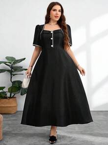 Modelyn Plus Size Women V-Neck Short Sleeve Ruched Flared Hem Jacquard Elegant Luxurious Formal Evening Dress - Black - View 8