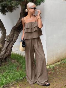 DAZY 2pcs/Set Women's Fashion Ruffle Trim Crop Camisole Top And High Waist Tie Waist Wide Leg Pants, Casual Summer Outfit Vacation Outfits Women - Camel - View 5
