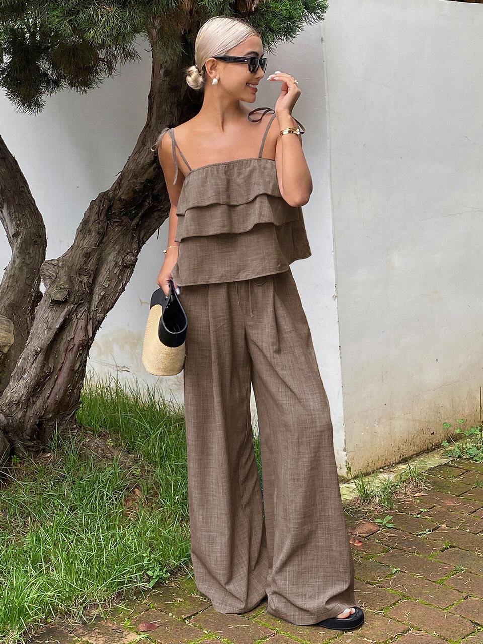 2pcs/Set Women's Fashion Ruffle Trim Crop Camisole Top And High Waist Wide Leg Pants,Coffee Brown,Summer,Casual,Vacation,Holiday Lounge Outfits