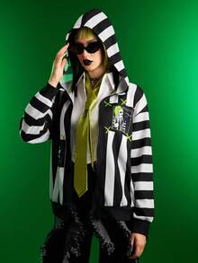 Beetlejuice X SHEIN 女士休闲时尚街头时尚深色卡通标语图案黑白条纹拉链连帽衫，春秋季 - 黑與白 - 查看 3