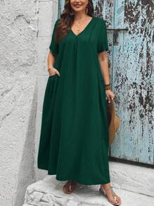 SHEIN CURVE+ 大码宽松休闲女式春夏连衣裙，带口袋，适合夏季穿着，可作沙滩装、沙滩裙、海滩度假装、海滩必备单品、毕业典礼装、下午茶会装、夏季乡村风、海滩度假装、沙滩装、沙滩服饰。 - 墨綠色 - 查看 3