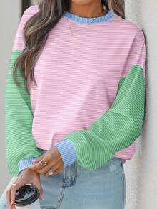 SHEIN EZwear 女士休闲简约拼色条纹圆领短袖宽松T恤，适合秋冬季 - 彩色 - 查看 1