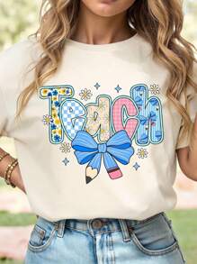 EMERY ROSE 大码夏季休闲字母蝴蝶结印花圆领短袖T恤 - 杏色 - 查看 4