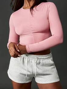 MISSGUIDED Áo crop top dài tay thể thao Áo thun thể thao liền mạch nhún bèo ở giữa phía trước tập luyện chạy bộ tập luyện Áo thun thể thao Yoga Đồ thể thao Quần áo tập thể dục - Bụi hồng - Xem 4