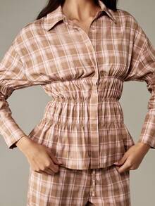 MISSGUIDED Blusa a cuadros elegante con detalle de cintura fruncida, camisa de manga larga con cuello, uso casual de oficina y profesional para otoño e invierno - Multicolor - Ver 4