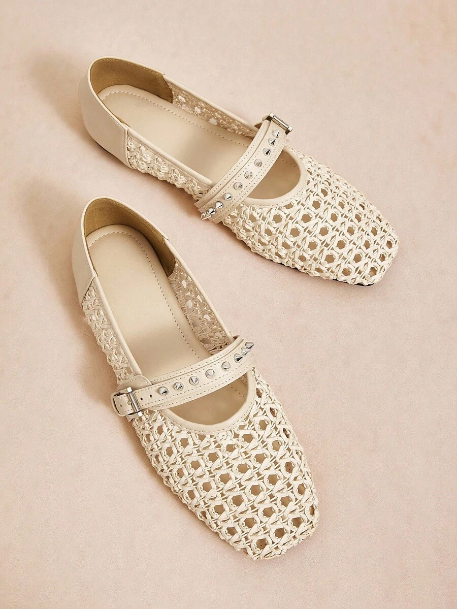 Rosivie 女士优雅镂空平底鞋，时尚舒适，法式方头优雅平底鞋 - 杏色 - 查看 1