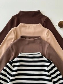 SHEIN 4件装可爱休闲条纹圆领长袖上衣，男女宝宝秋冬通用服装
