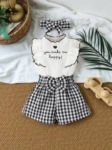 SHEIN Vintaside Kids Baby Girl Slogan Graphic Ruffle Trim Tee & Gingham Bow Front Shorts, For Christmas - Black and White - View 8