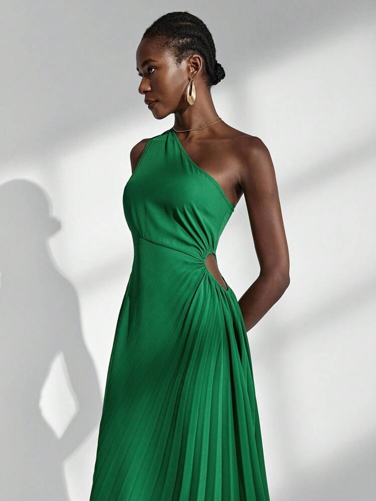 Almamuse Women's Green Hollow Out Pleated Asymmetrical Shoulder Dress - Green - View 5