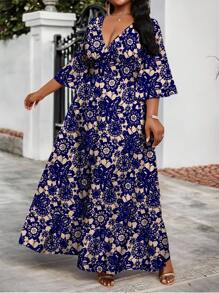 SHEIN Lady Spring And Summer Elegant Commuting Office Colorful Knitted Round Neck Flared Three Quarter Length Sleeve Plus Size Dresses Summer Outfits For Women Summer Dresses For Women Office Outfits For Women Office Dresses